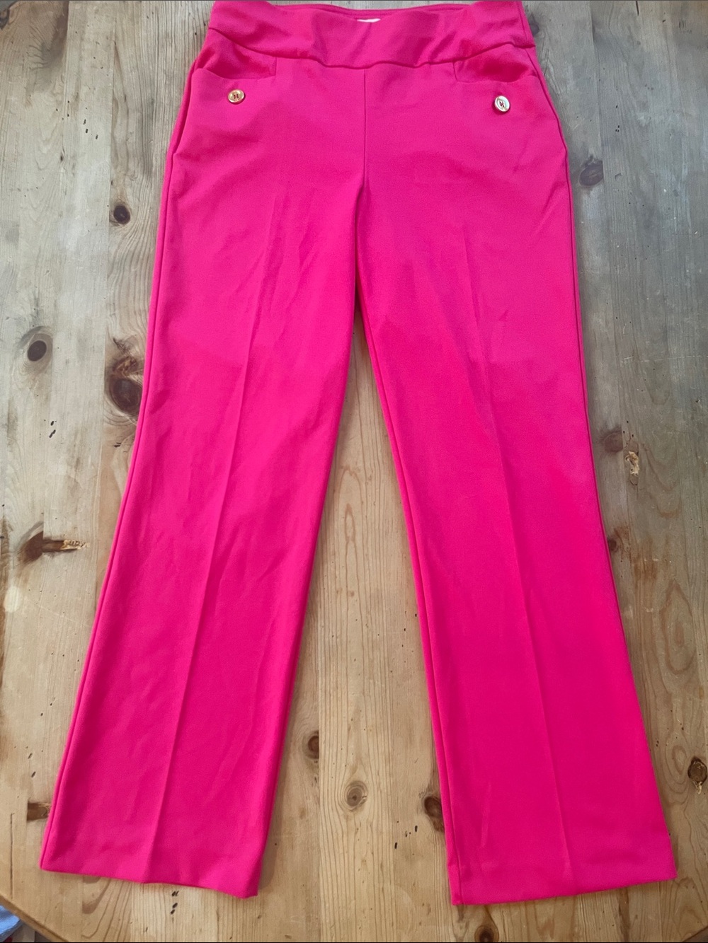 Anne Klein Hot Pink Wide-Leg Pull-On Trousers with Gold Buttons